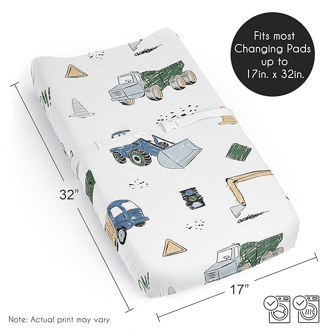 Sweet Jojo Designs Baby Changing Pad Cover Sheet (Construction Truck) for Boys, Infant/Newborn Diaper Change Table Mat Covers (Green and Blue, Transportation Zone, Vehicles, Bulldozer, Tractor, Crane)