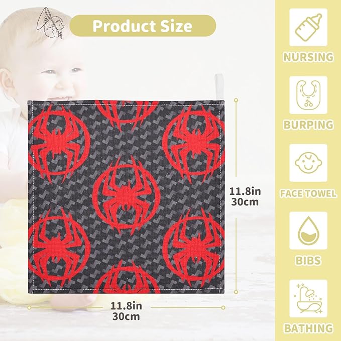 vvfelixl Baby Muslin Washcloths Red Spiders Silhouettes Baby Burp Cloths Cotton Baby Face Towel for Newborn Infants Boys Girls Soft and Absorbent 11.8 X 11.8 in, 3 Pack