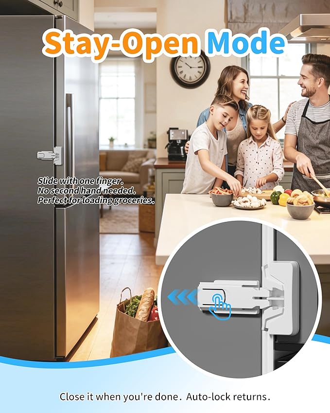 Yunkey Child Safety Fridge Lock — Auto-Lock Design, One-Hand Open & Self-Locking Close — Helps Keep Toddlers & Pets Out — 3M Strong Hold & Clean Removal | White, 1-Pack