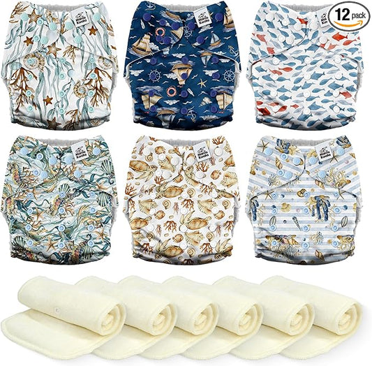 Mama Koala 3.0 Cloth Diapers for Babies, 6 Pack One Size Washable and Reusable Pocket Diapers for Newborns and Toddlers (Underwater Exploration)