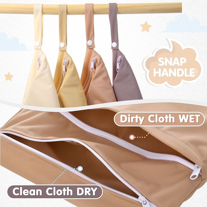 SATINIOR 4 Pack Wet Dry Bags for Baby Cloth Diapers 12x14 Washable Travel Swimsuit Wet Bags Reusable with Two Zippered Pockets for Yoga Gym Swimsuits Travel Beach Pool Soiled Items(Maillard Color)