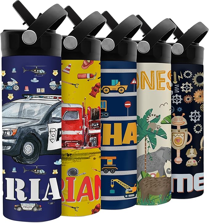 Personalized Kids Water Bottle with Straw Lid - 20 oz - 11 Wraparound Designs, Custom Water Bottle for Children, Back to School Gifts - BPA FREE, Double-Wall Insulated, Birthday Gifts - Polices