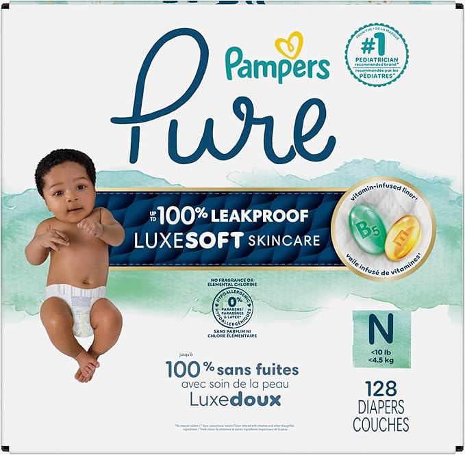 Pampers Pure Baby Diapers, Size 0 (>10 lbs ), 128, Up to 100% Leakproof, Premium Hypoallergenic Soft Diapers