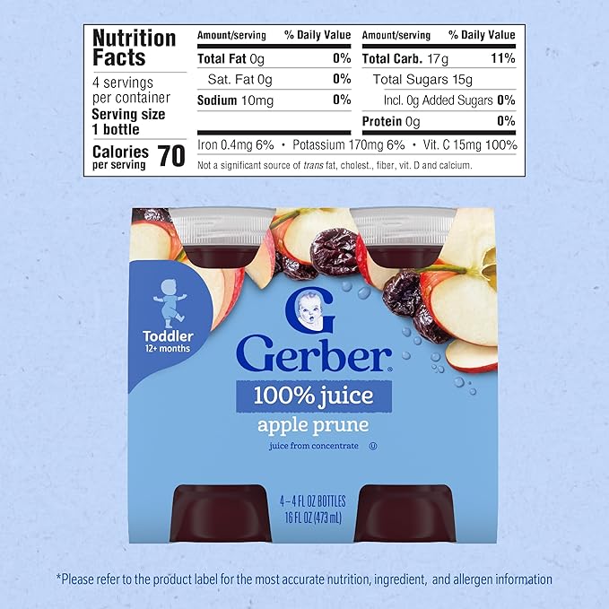 Gerber Apple Prune Juice, Non-GMO Juice from Concentrate, Made for Toddlers, 4-4 FL OZ Bottles Per Pack (Pack of 6)
