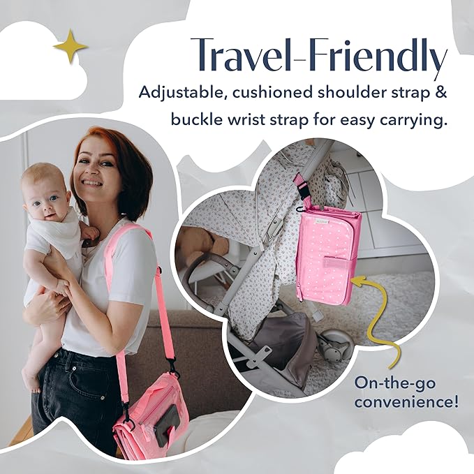 Portable Diaper Changing Mat, Fits Most Changing Tables, One-Hand Hook-and-Loop Fasteners, Front Touchscreen-Friendly Pocket, Pink