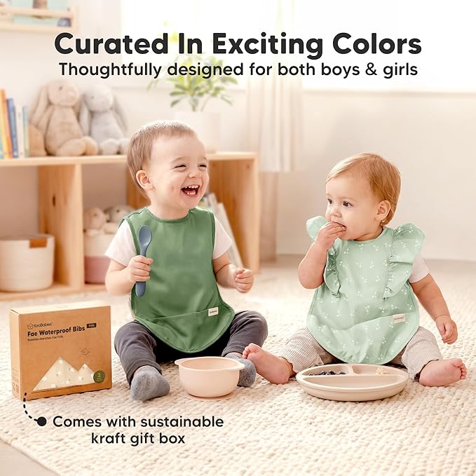 KeaBabies Waterproof Bibs for Baby Girl,Boy – 2-Pack Lightweight, Large Baby Bibs for Eating, Wearable Food Catcher, 6-12 Months Infant Feeding Essentials, Smock for Toddlers 1-3, Kids (Bloom)