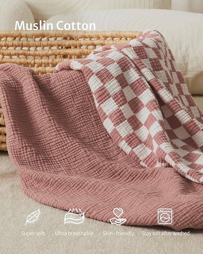 Blissful Diary Muslin Changing Pad Cover for Baby Girls, Ultra Soft Breathable Cotton, Baby Diaper Change Table Pad Covers, 2Pack (Checkered Pink & Dusty Pink)