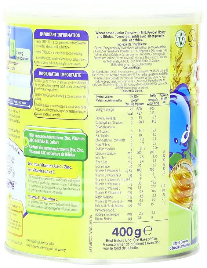 Nestle Cerelac, Honey and Wheat with Milk (From 12 Months), 14.11-Ounce Cans (Pack of 4)