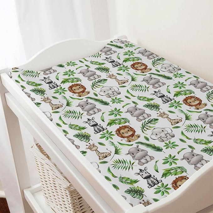 Baby Safari Animals Tropical Leaves Changing Pad Covers Lion Elephant Giraffe Zebra Hippo Diaper Change Table Pad Covers for Girl Boy Soft Breathable Stretch Changing Mat Sheets 32''x16''