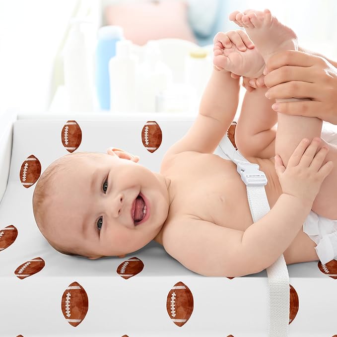 Sweet Jojo Designs Baby Changing Pad Cover Sheet (Brown and White Football) for Boys, Infant/Newborn Diaper Change Table Mat Covers (for the Sports Theme, Watercolor, Vintage Sport Themed Collection)