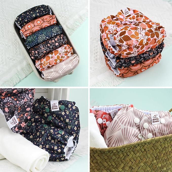 Mama Koala 3.0 Cloth Diapers for Babies, 6 Pack One Size Washable and Reusable Pocket Diapers for Newborns and Toddlers (Blossom)
