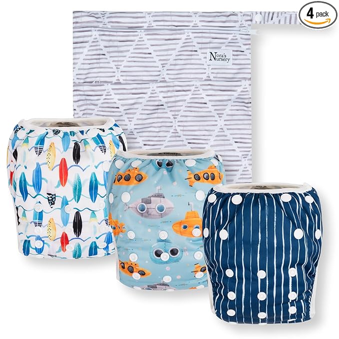 Nora's Nursery Reusable Swim Diapers and Wet Bag - One Size Fully Adjustable - Seaside Unisex 3 Pack with Wet Bag