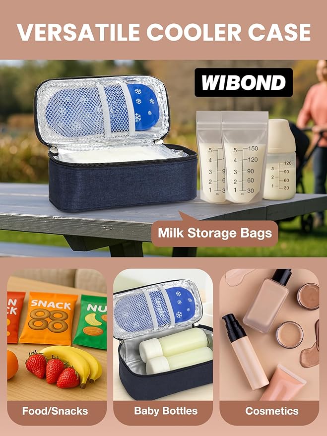 Breast Milk Cooler Travel Bag, Real-Time Temperature Display, Holds 4-6 Breastmilk Storage Bag with 2 Breast Milk Ice Pack, Cooling & Waterproof Portable Cooler for Moms on the Go (Navy Blue)