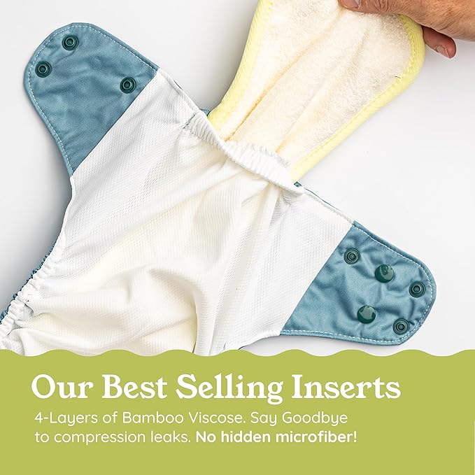 Kinder Cloth Diapers Reusable Baby Diapers Pocket Style Athletic Wicking Jersey, Bamboo Viscose Inserts, Wet Bag, Newborn to Potty Training 7-60lbs, One Size (Just Ducky, 3 Pack, with Inserts)