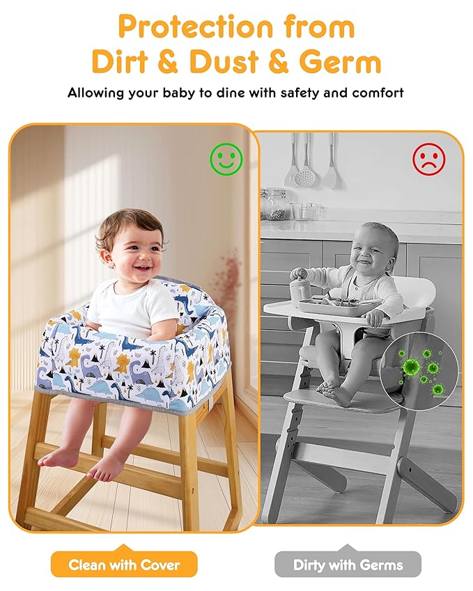 High Chair Cover Portable with 3-Point Harness, Waterproof Baby Seat Cover for Restaurant Travel Home Use, Machine Washable, Fits Wooden Chairs (Colorful Dinosaurs)