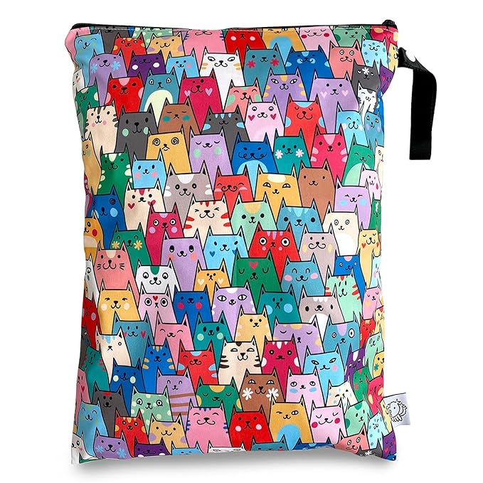 FLOCK THREE Washable and Reusable Wet Dry Bag Diaper Bag Water Resistant Swimming Bag Travel Toiletries Pouch Yoga Gym Bag Cute Cat 12.6'' x 16.5''