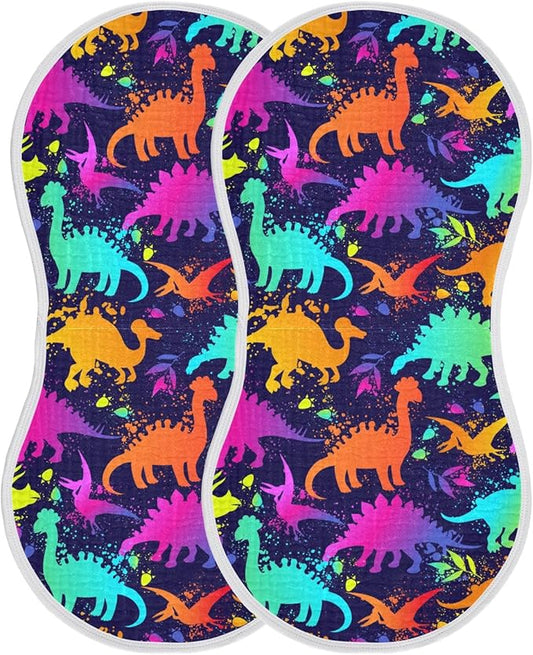 Muslin Burp Cloths for Baby Boys and Girls - 2-Pack Ultra Absorbent Bright Neon Dinosaurs Muslin Washcloths, Newborn Towel, Milk Spit Up Rags, Burp Cloth Bib for Unisex, 22 x 11 Inch