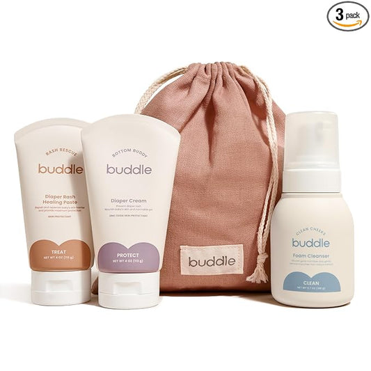 Buddle Diaper Rash 3-Piece System, 40% Zinc Oxide Ointment, Diaper Cream & Foam Cleanser for No-Rinse Cleansing