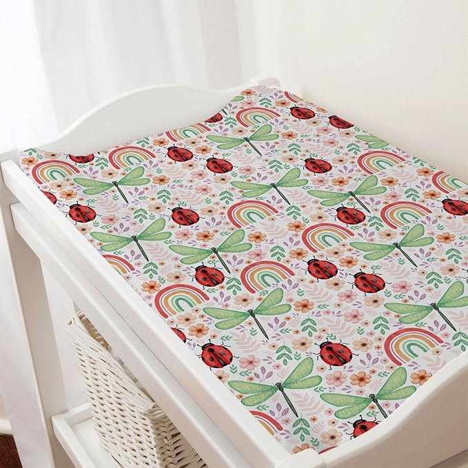 Spring Garden Dragonfly Changing Pad Cover Boho Retro Flowers Leaves Rainbow Diaper Changing Table Cover Sheets for Boy Girl Soft Breathable Stretch Fitted Baby Changing Pad Sheets Mats 32''x16''