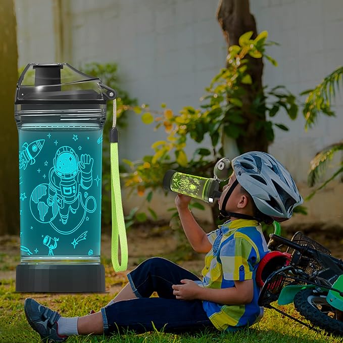 Attivolife Kids Water Bottle Light up Astronaut, Space Cup 3D Illusion Glowing Lamp-14 OZ Dino BPA Free Eco-Friendly Timer Function, Cool Unique Gifts for Boy Girl Toddler Camping Back to School