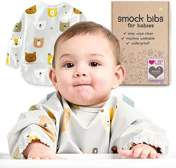 Waterproof Smock Baby Bibs for Eating (Boy or Girl 6-24 Months) - Toddler Long Sleeve Bib for Baby Led Weaning
