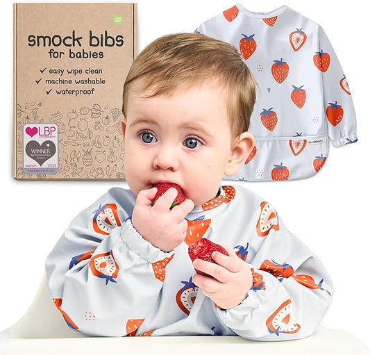 Waterproof Smock Baby Bibs for Eating (Boy or Girl 6-24 Months) - Toddler Long Sleeve Bib for Baby Led Weaning