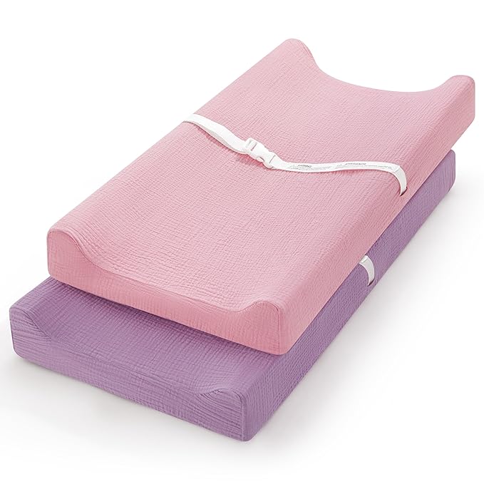 Pro Goleem Muslin Changing Pad Cover for Girls, Soft Breathable Fitted Cotton Diaper Changing Table Pad Sheets, 2 Pack (Pink＆Purple)