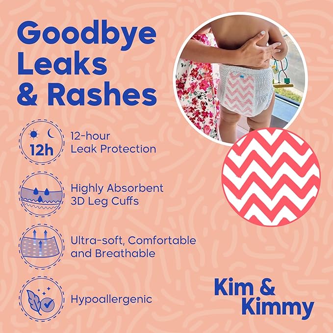 Kim & Kimmy Eco Diaper Pants, Size 6, 33-44 lbs, 40 Pants - 12 Hour Leak Protection, No Rashes, Hypoallergenic, Ultra-Soft & Highly Absorbent - Cruelty Free & Vegan - Zig Zag Swag