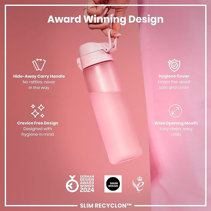 ION8 Water Bottle, 500 ml/18 oz, Leak Proof, Easy to Open, Secure Lock, Dishwasher Safe, BPA Free, Hygienic Flip Cover, Carry Handle, Fits Cup Holders, Easy Clean, Odor Free, Carbon Neutral, Rose Pink