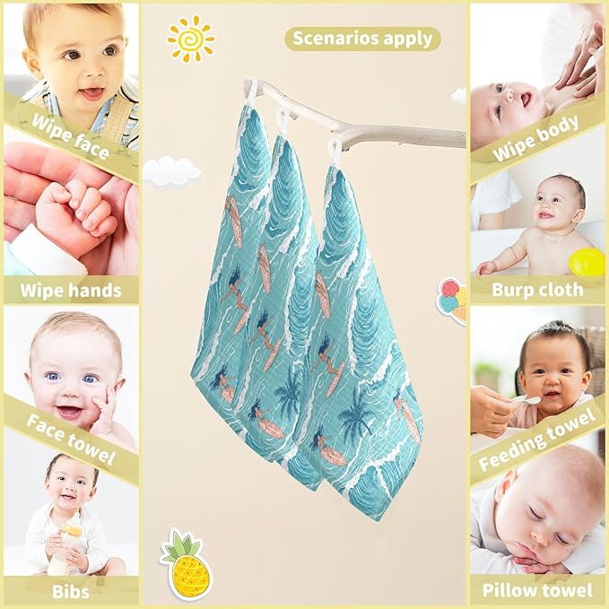 vvfelixl Summer Girl Surfing Baby Burp Cloths Baby Muslin Washcloths for Boys Girls Cotton Babys Face Towel for Newborn Infants Soft and Absorbent 11.8 X 11.8 in, 5 Pack
