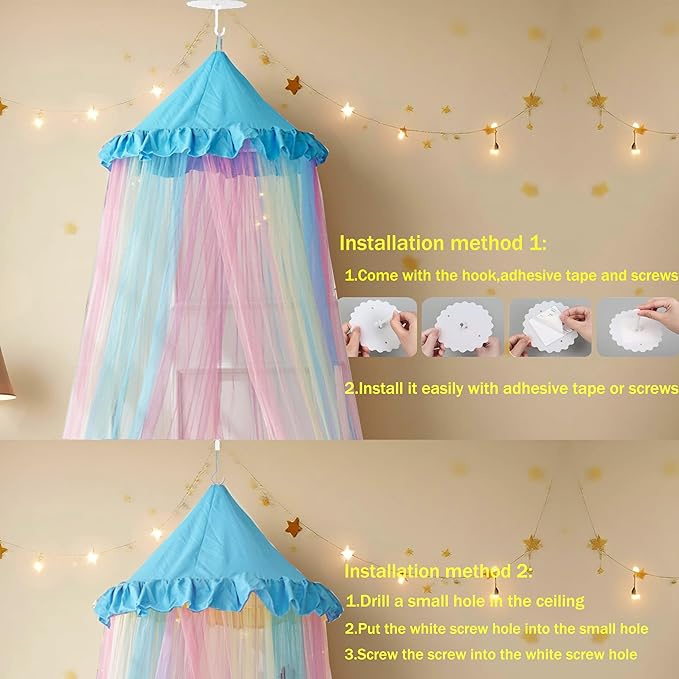 Blue Rainbow Bed Canopy Twin Size Breathable Canopy Bed Curtain for Bed,Princess Play Tent for Girls Bedroom Decoration Reading Nook