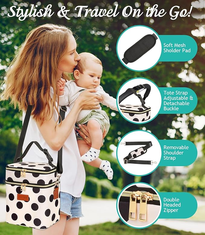 PIIOSER Breastmilk Cooler Bag with Ice Pack, Fits 6 Baby Bottles Up to 9 Oz, Stylish Baby Cooler Travel Bags with Shoulder Strap, Double Layer & Leakproof for Nursing & Working Moms, Black Polka Dots