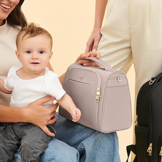JuJuBe Insulated Bottle Bag, Breastmilk Cooler Bag Fits 3 Baby Bottles, Storage Tote for Nursing Mom, Daycare & Travel, Lunch Bag w/Handle & Shoulder Strap (Taupe)