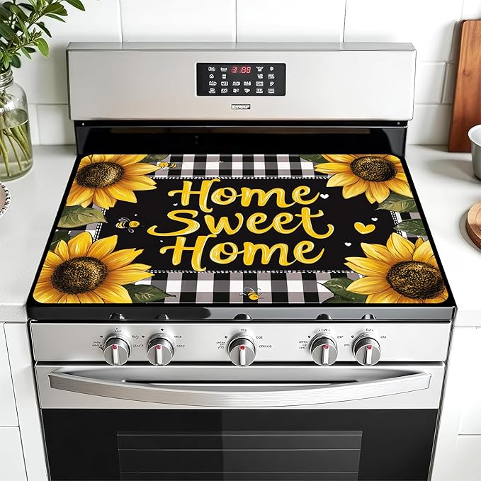 Multi-Design Stove Top Cover for Glass/Electric Stoves - 3-in-1 Heat-Resistant Protector Mat, Non-Slip Drying Rack 28"x20" (Sunflower)