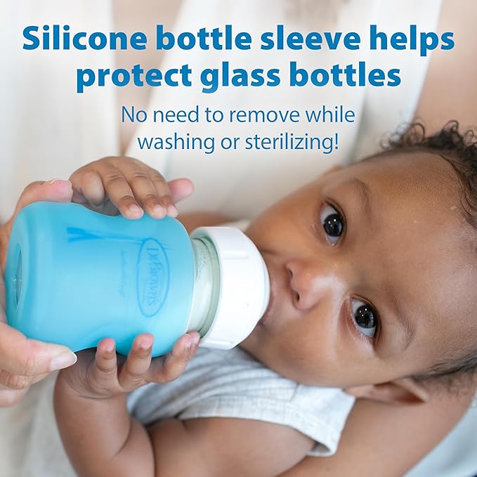 Dr. Brown's Natural Flow Anti-Colic Options+ Wide-Neck Glass Baby Bottles 9 oz/270 mL & Reusable Sponge Baby Bottle Cleaning Brush with Suction Cup Stand, Scrubber and Nipple Cleaner, Blue 1-Pack