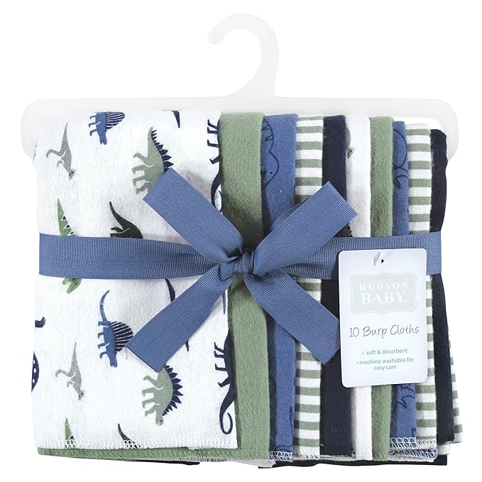 Hudson Baby Unisex Baby Cotton Flannel Burp Cloths, Blue Green Dino, One Size