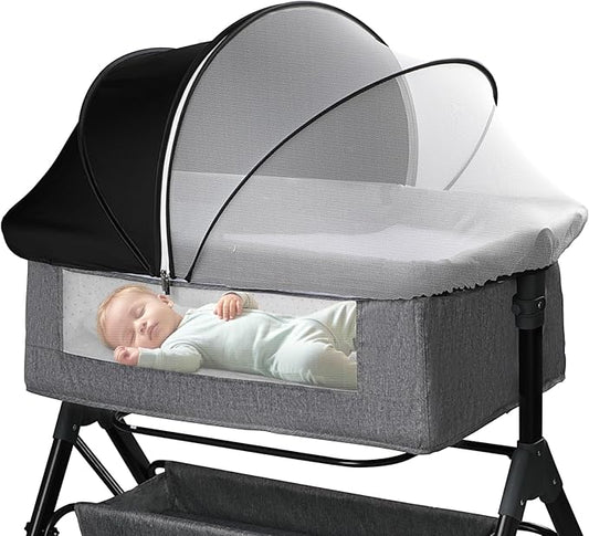 Bassinet Mosquito Net Cover - Half-Blackout Mosquito Net for Baby Crib & Bedside Sleeper, Breathable Crib net with 2-Way Zipper, Sun-Blocking Baby Mosquito Net Cover (Black-Small)