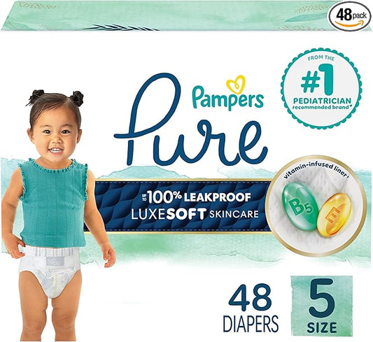 Pampers Pure Baby Diapers, Size 5 (27+ lbs), 48, Up to 100% Leakproof, Premium Hypoallergenic Soft Diapers