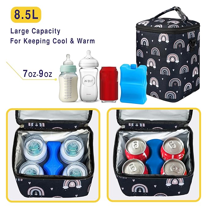 Breastmilk Cooler Bag with Ice Pack Fits 4 Baby Bottles Up To 9 Ounce Insulated Baby Bottle Bag Breast Milk Cooler on the Go with Strap Cooler Bag for Nursing Mom Daycare or Travel