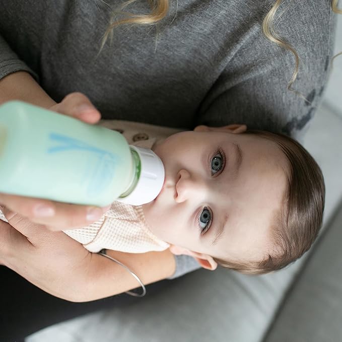 Dr. Brown's Anti-Colic Options+ Narrow Glass Baby Bottle with Level 1 Slow Flow Nipple, BPA-Free, 8 oz/250 mL, 0m+, 2-Pack + Mint Bottle Sleeve