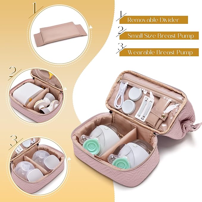 Fasrom Wearable Breast Pump Bag Compatible with Momcozy, Medela and Elvie Pumps, Double Layer Pump Carrying Case with Waterproof Mat and Insulated Pockets for Working Moms, Pink (Bag Only)