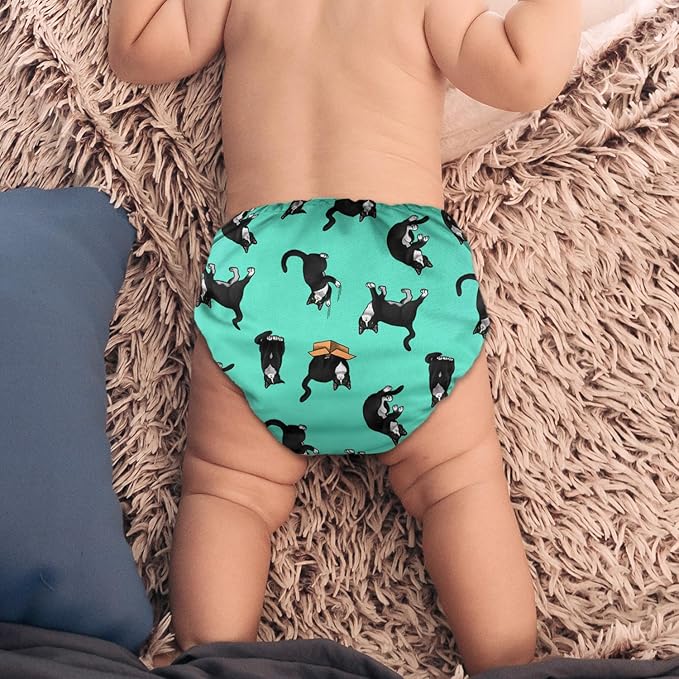 WIRESTER Baby Cloth Diaper One Size Adjustable Washable Reusable Cloth Pocket Diaper for Baby - Black White Tuxedo Cat Playful Postures