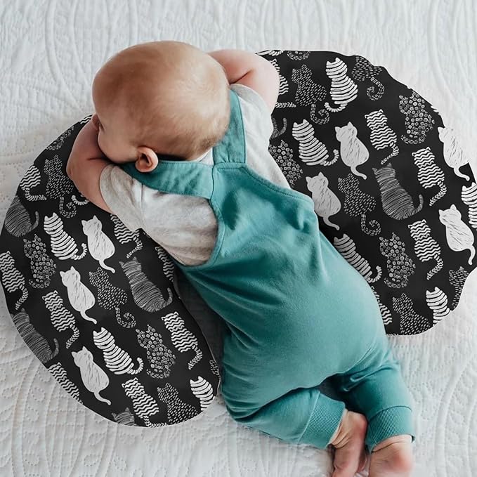 Stylish Cat Shapes Baby Nursing Pillow Covers for Boy Girl Black and White Cat Nursing Pillow Slipcovers for Breastfeeding Pillows Cats Lovers Gift Soft Stretchy Removable Covers for Newborn Infant