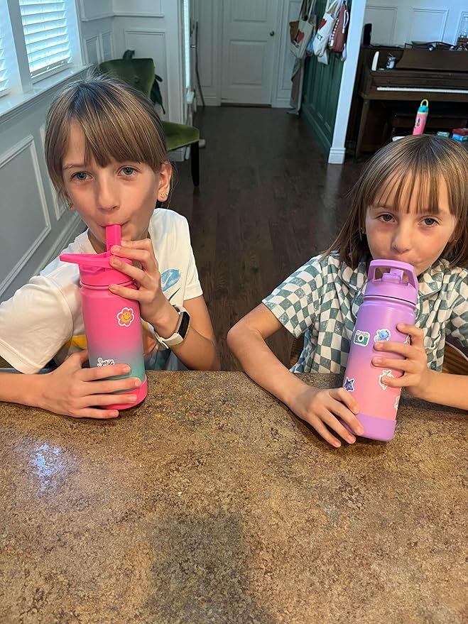 Mininoo Kids Water Bottle for School, 16oz Stainless Steel Insulated Water Bottle Kids with Straw Lid for Girls, Boys (2 Pack)