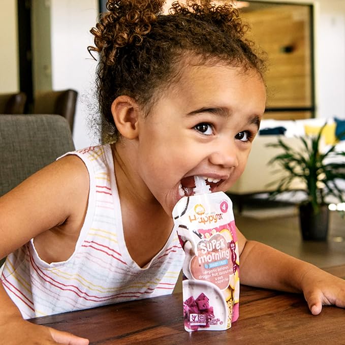 HAPPYTOT Organics Stage 4 Baby Food Pouches, Gluten Free, Vegan & Dairy Free Snack, Super Morning Fruit & Oat Blend, Bananas, Dragon Fruit, Coconutmilk, Oats & Chia, 4 Oz (Pack of 16)