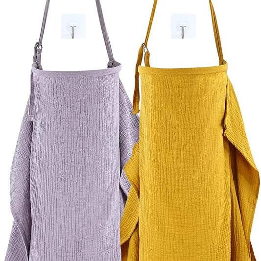 Cinaci 2 Pack Pure Cotton Muslin Lightweight Breathable Breastfeeding Nursing Cover Blankets with Adjustable Metal Clasp (Purple+Ginger)