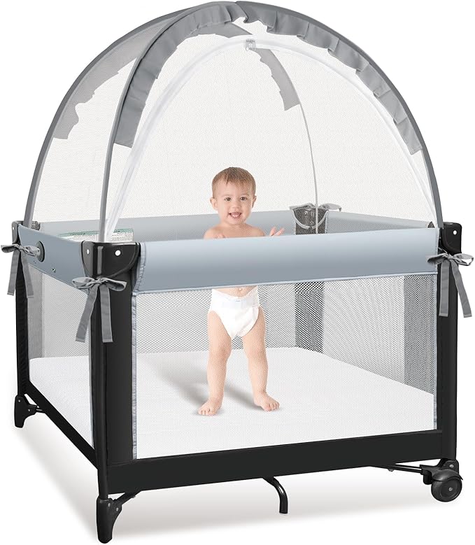 Crib Tent to Keep Baby from Climbing Out - Crib Net to Keep Baby in - Mesh Crib Climbing Prevention, Pop Up Baby Crib Tent, Two-Way Self-Locking Metal Zipper (Grey, Small)