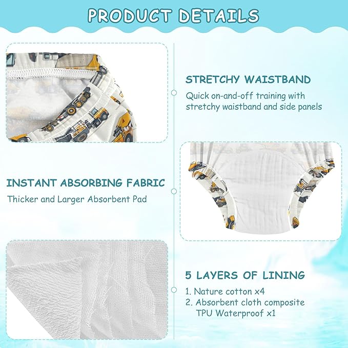Little Boys Underwear Potty Training Pants Reusable Boxers Underwear for Toddler 3T Construction Vehicles