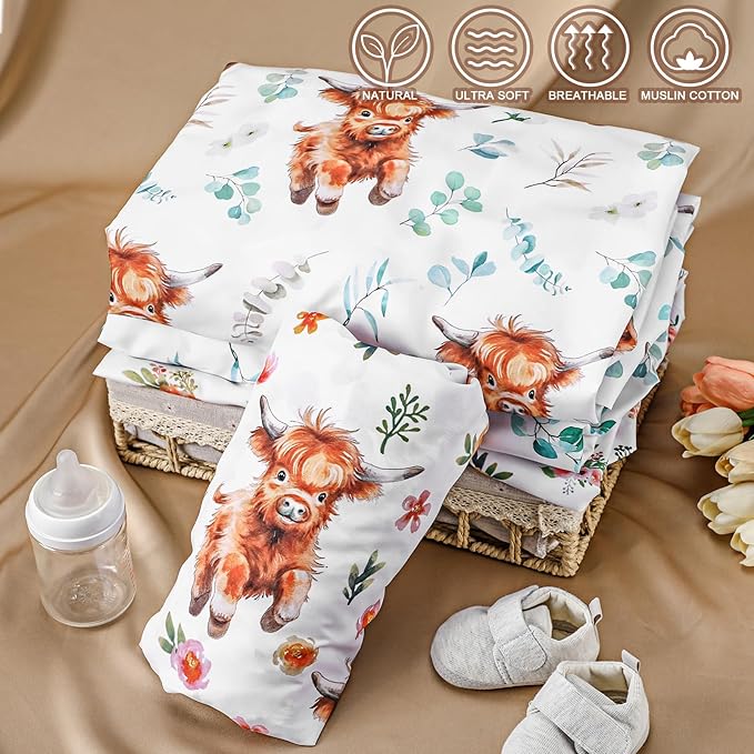 4 Pack 52" x 28" Changing Pad Cover for Boys Girls Highland Cow Eucalyptus Leaf Floral Pattern Neutral Nursery Decor Change Table Covers Soft Changing Pad Sheets for Baby Girls Baby Boys