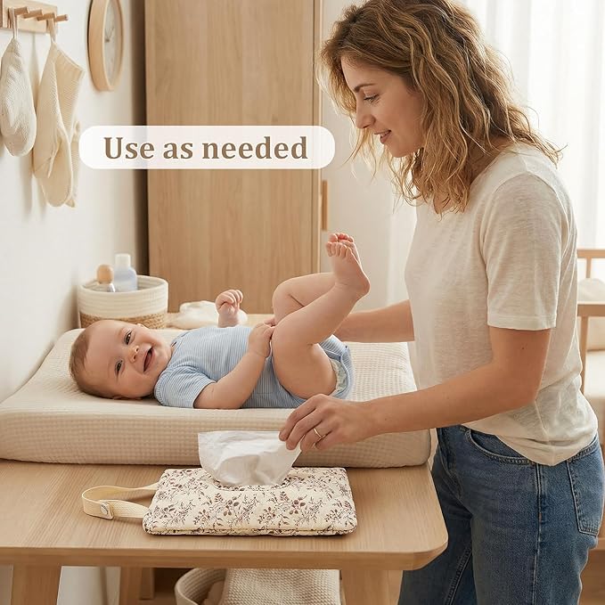 Quilted Baby Diaper and Wipes Pouch Portable Mommy Bag for Stroller Reusable Wipes Pouch with Lanyard for Casual Travel (Beige)
